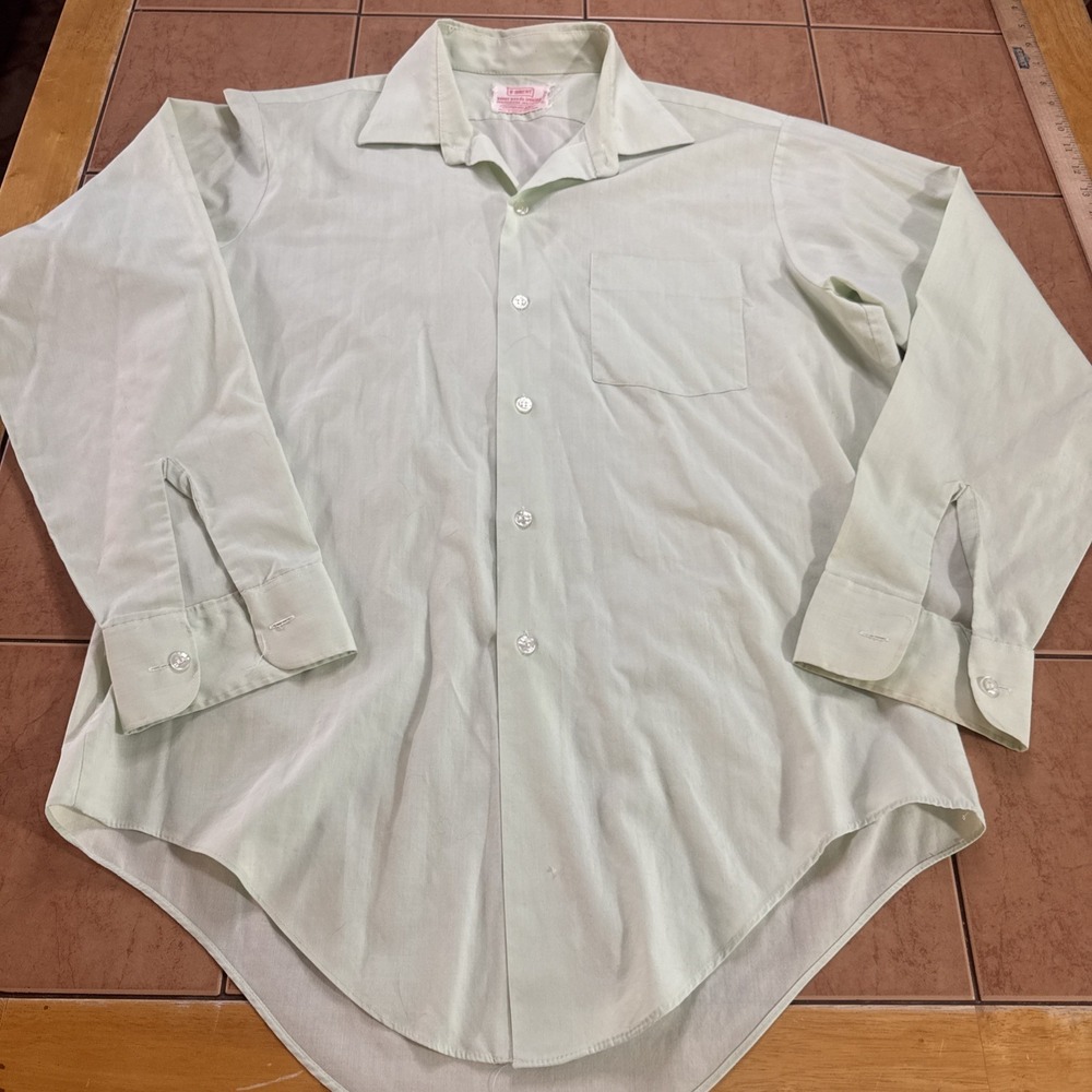VINTAGE Brent Sanforized Plus Men Sz Large Green Button Front Shirt Poly Cotton